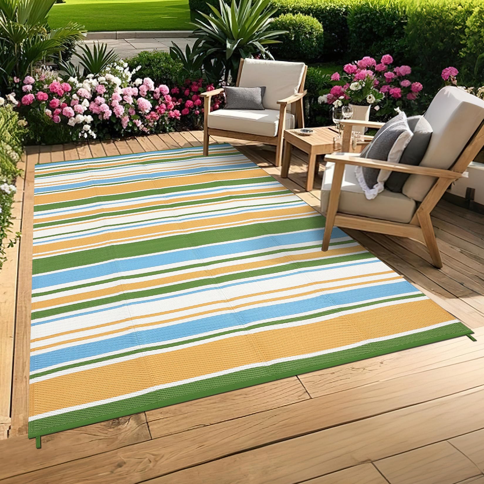 Garvee Tappeto Da Esterno in PP Intrecciato 320 Gsm - Reversibile, Impermeabile, Pieghevole e Leggero, Grande Tappeto Per Patio/Deck/Balcone/RV/Campeggio, Giallo/Blu/Verde/Bianco