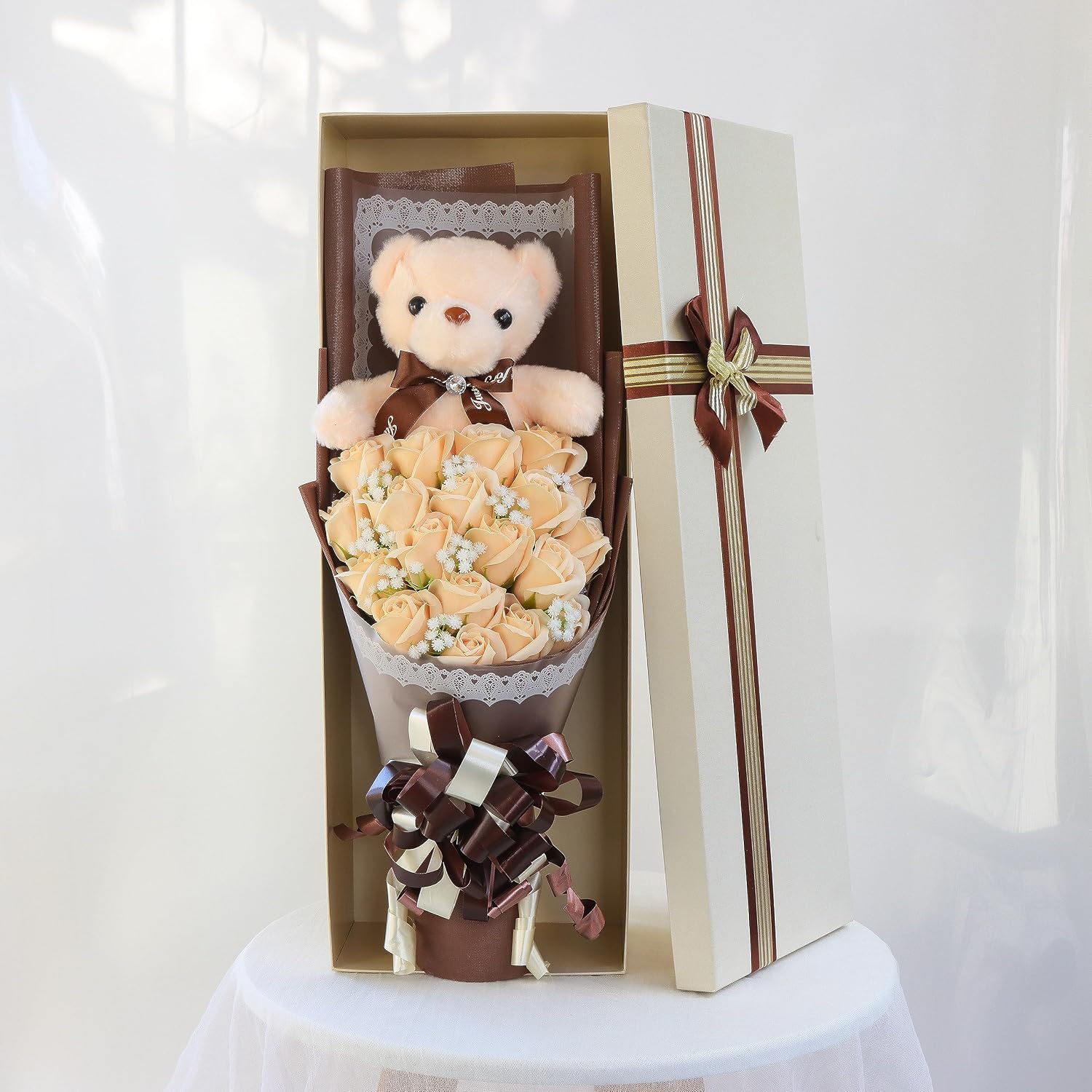 Cute Bear Bouquet - Handmade Plush Bear Bouquet with Cute Soap Flower for Any Occasions, Birthday, Bridal Shower, Graduation etc. (Champagne)