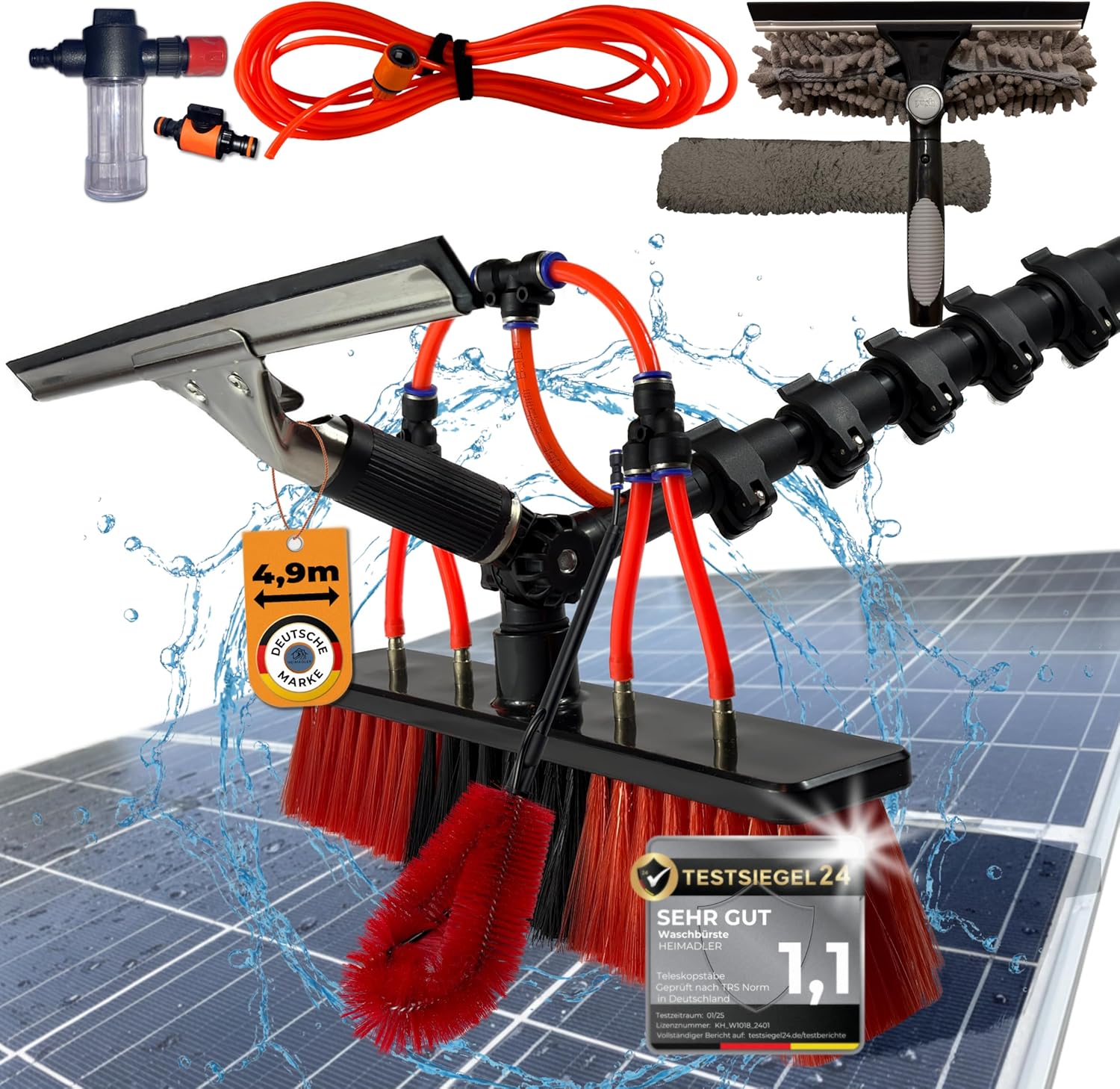 Profi Teleskop Waschbürste mit Teleskopstiel 4,9m wasserführend - Inkl. Dachrinnenreiniger &amp; Fensterwischer - Teleskopstange für Photovoltaik Solar Anlagen &amp; Wintergarten Reinigungsset