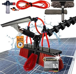 Profi Teleskop Waschbürste mit Teleskopstiel 4,9m wasserführend - Inkl. Dachrinnenreiniger & Fensterwischer - Teleskopstange für Photovoltaik Solar Anlagen & Wintergarten Reinigungsset