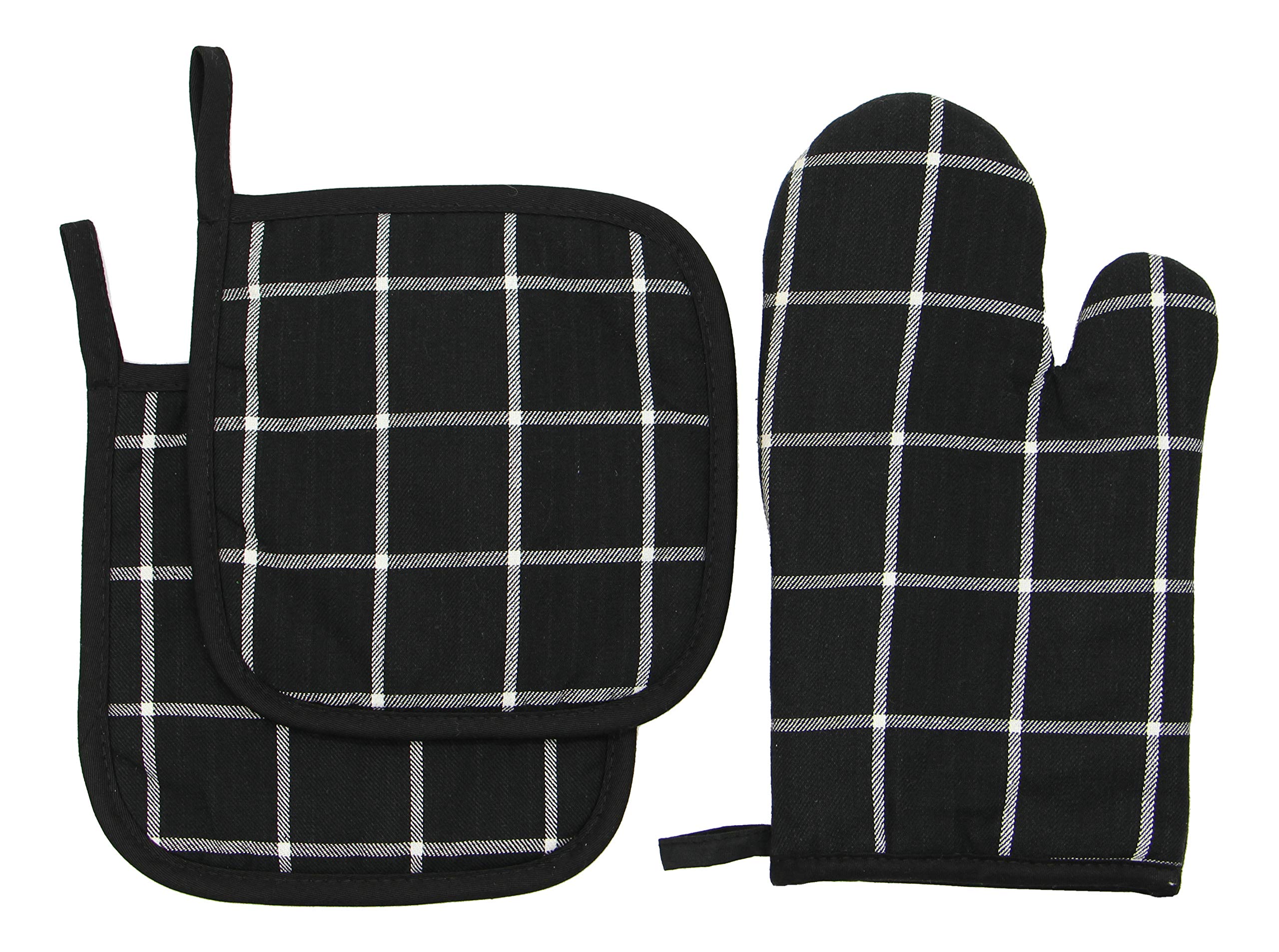 Cotton Pot Holders for Kitchen, Pot Holders and Oven Mitts Sets, Heat Resistant Hot Pads and Oven Mitts Sets for Cooking or Baking Set of 3 (Black Suqare)