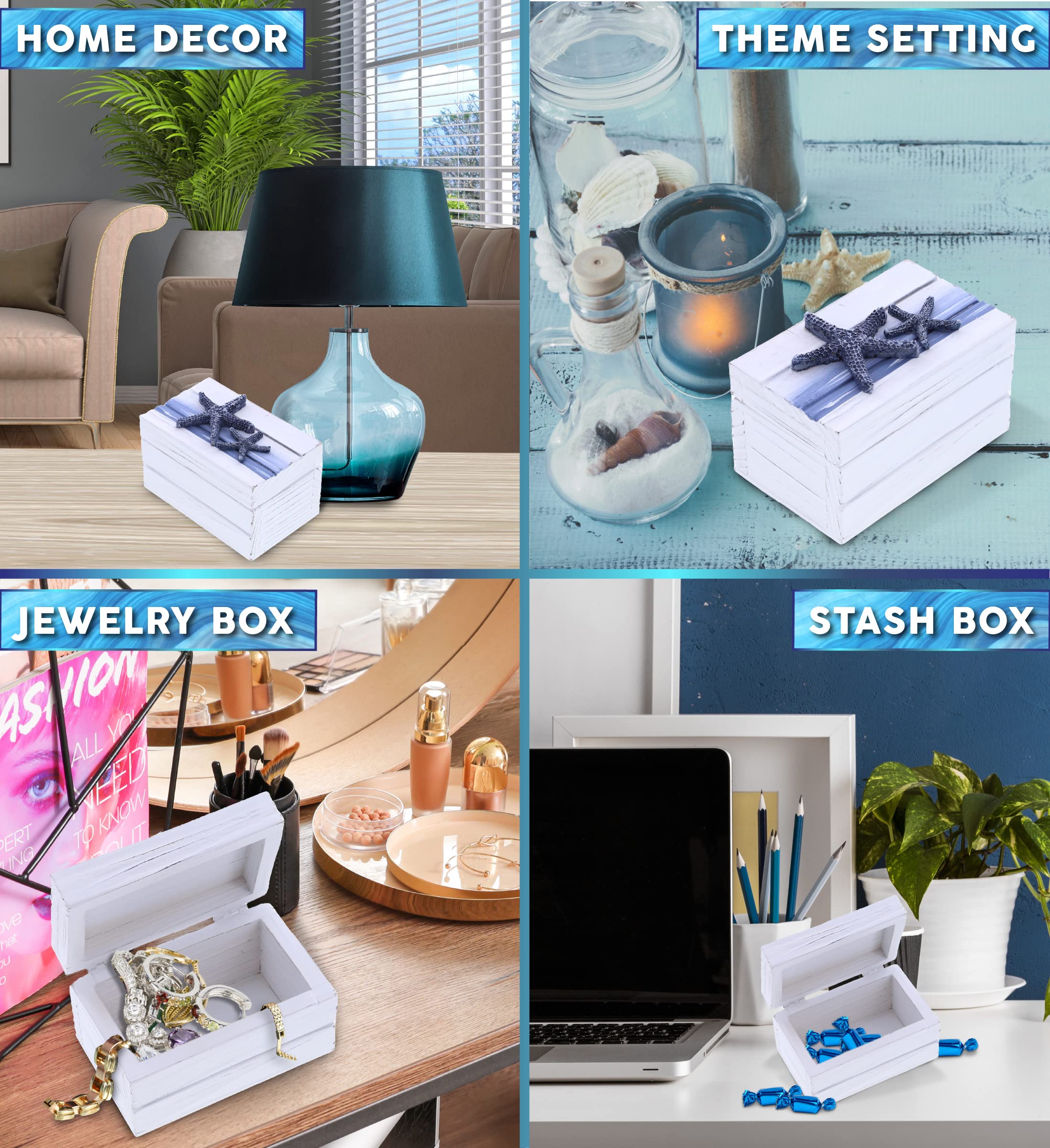 CoTa Global Ozeanblaue Schmuckschatulle aus Holz – handgefertigt und handgefertigt, nautische Schmuckschatulle mit Seestern-Dekoration, Holzakzent, Tischdekoration, Schmuck-Organizer