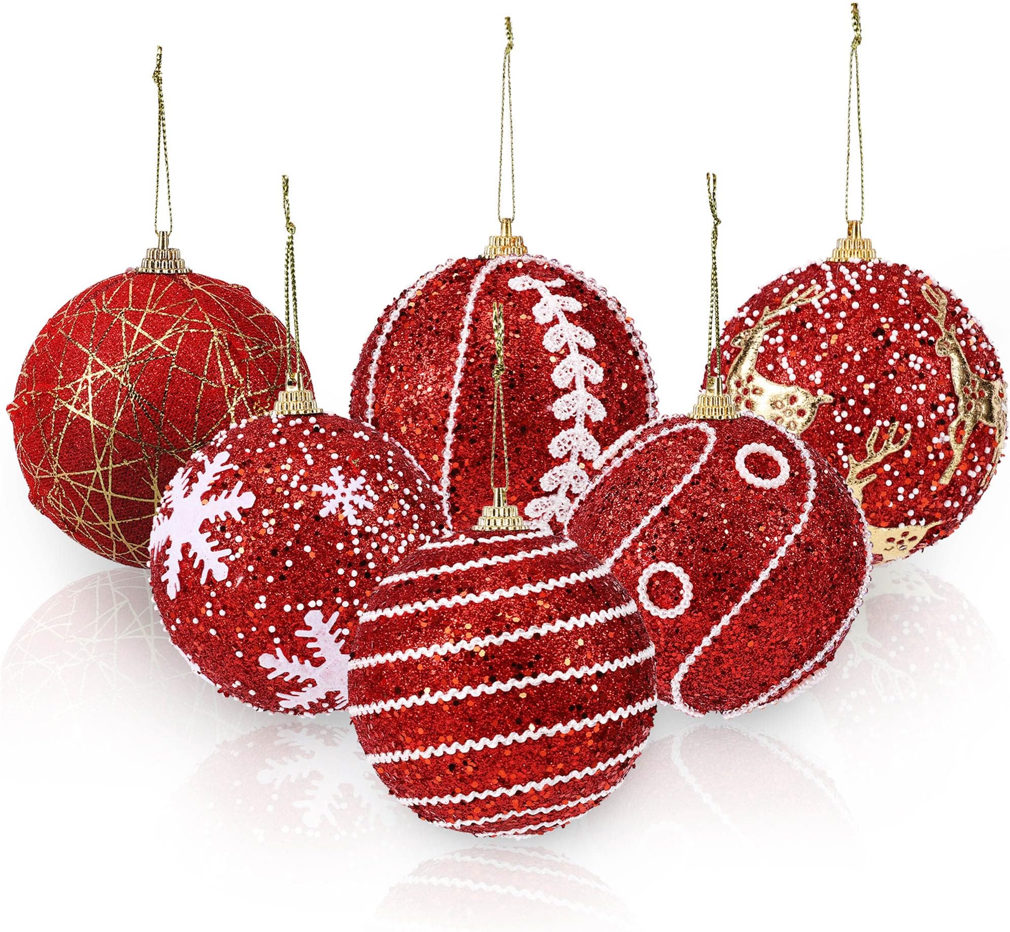 12-Pack 3.15" Red Christmas Glittered Sequin Foam Balls Ornaments Shatterproof for Tree Decoration, 80mm Xmas Hanging Decor for Festival Party Holiday