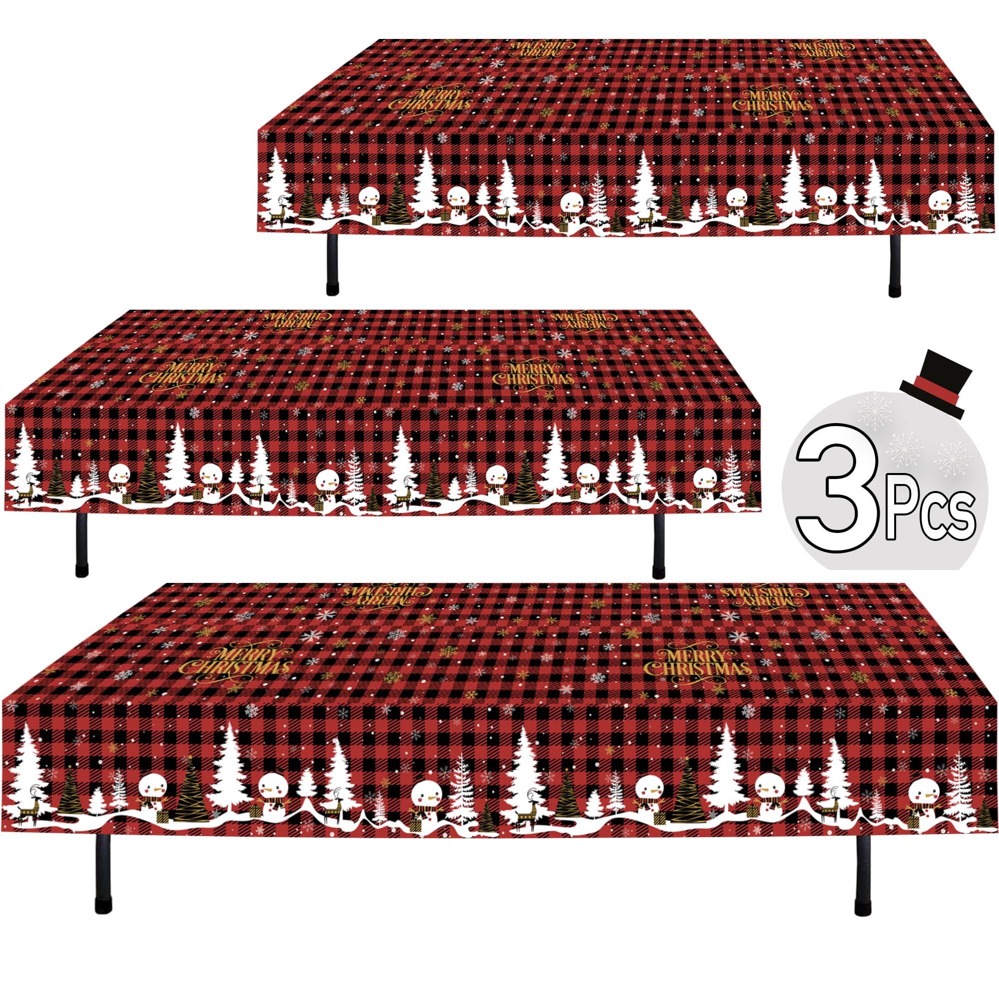 BASHOUT Weihnachtliche Kunststoff-Tischdecke, 3 Stück (137,2 cm breit x 274,3 cm lang), rechteckige Tischdecke, Schneemann, Frohe Weihnachten, Partydekoration, Tischdecke
