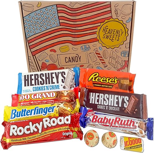 Heavenly Sweets American Chocolate Gift Box - Classic Retro Usa Treats -  Gift Hamper Perfect For Children, Adults, Birthday, Christmas, Easter - 9  Sweets : Amazon.co.uk: Grocery