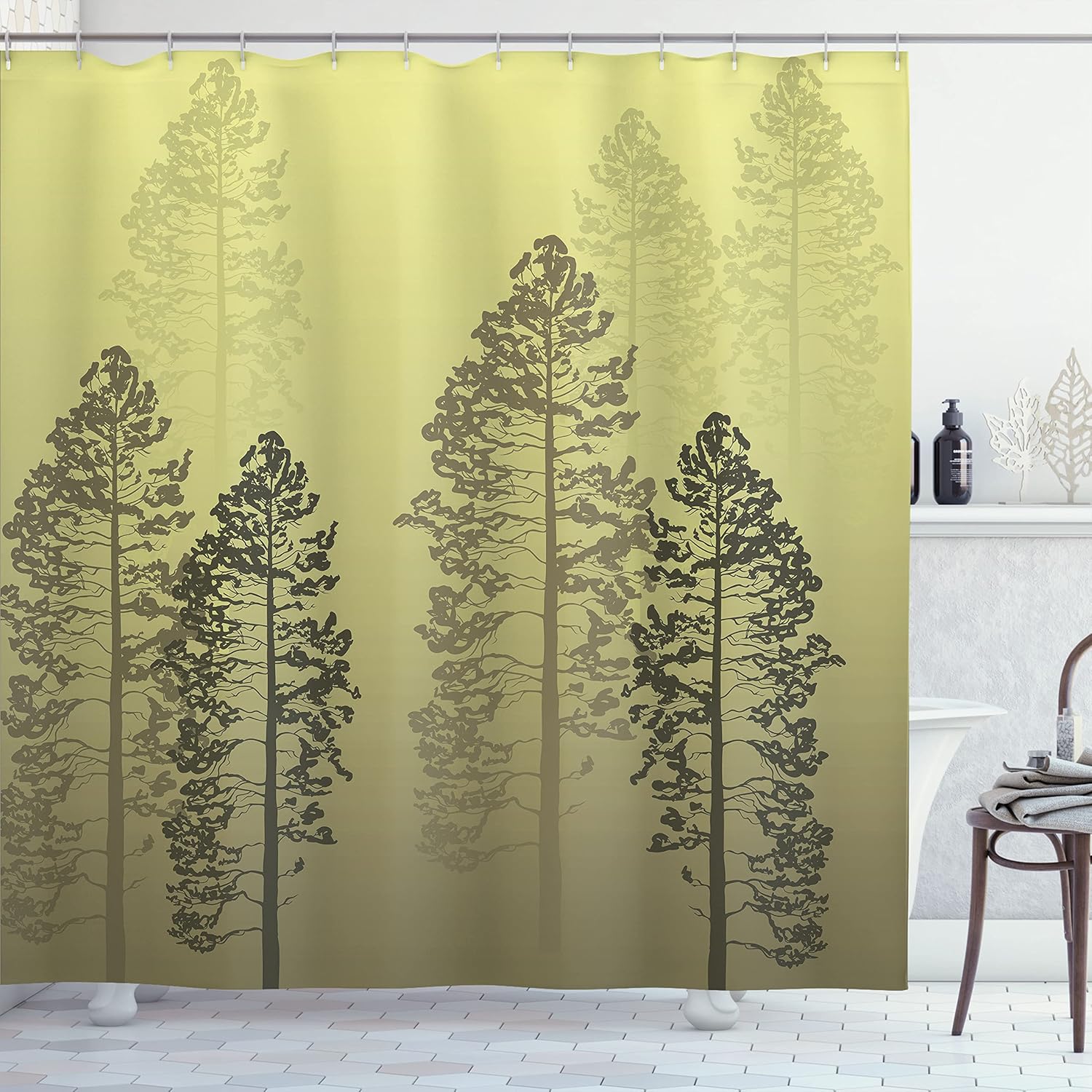 Ambesonne Country Shower Curtain, Pine Trees in The Forest on Foggy Seem Ombre Backdrop Wildlife Adventure Artwork, Cloth Fabric Bathroom Decor Set with Hooks, 69" W x 70" L, Pale Green