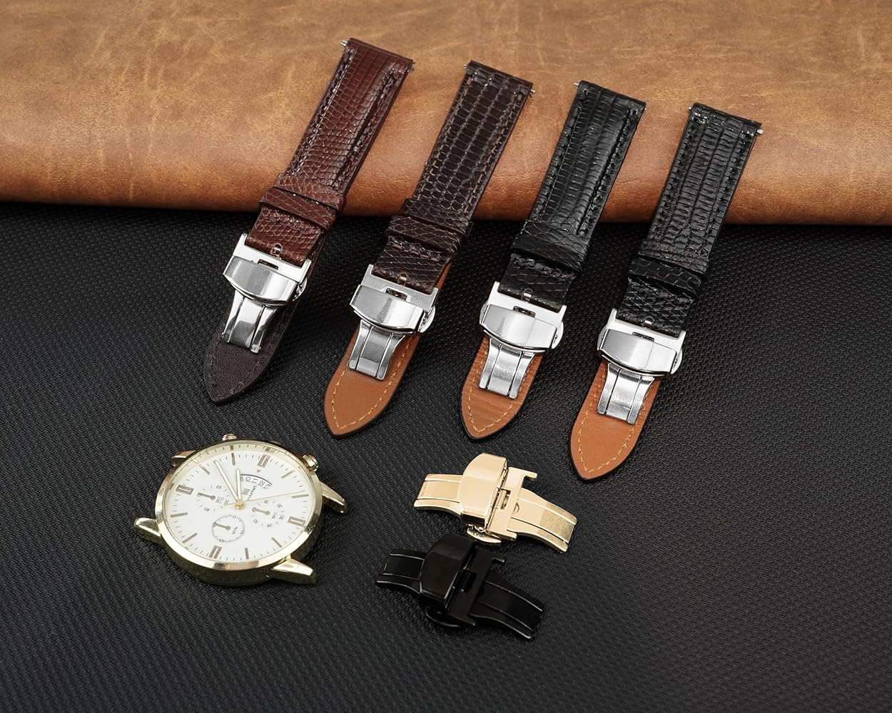 22mm Black Leather Watch Band Deployment Clasp Quick Release