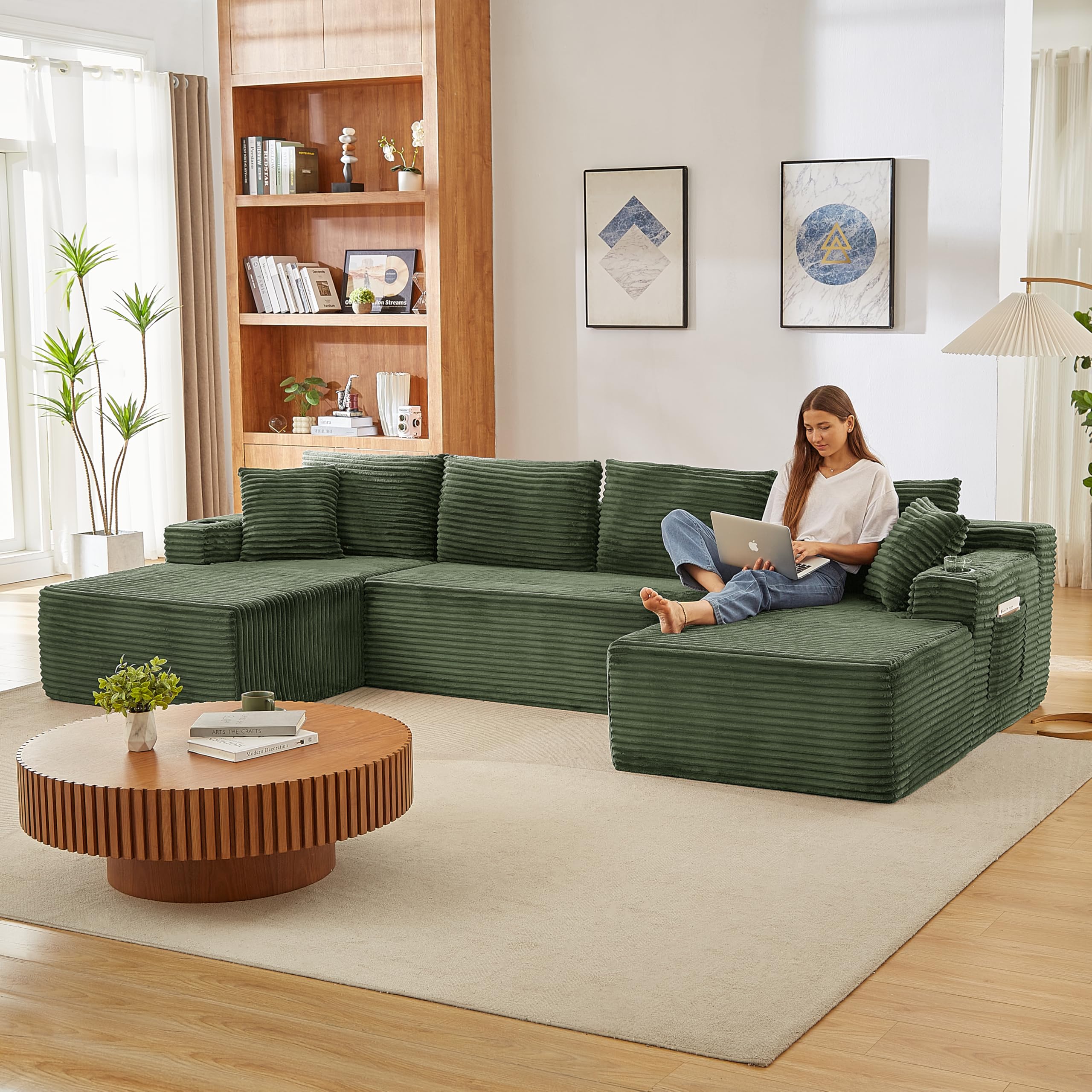 Sapgaks Canapé d'angle en U 339cm,canapé 6 Places en Velours côtelé,Assise Profonde,Chaise Longue surdimensionnée en Mousse à mémoire de Forme,Canapé modulable,Vert