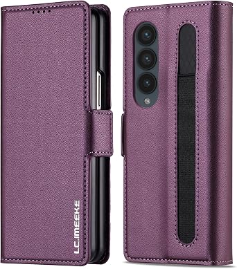Wallet Pu Leather Case for Samsung Galaxy Z Fold 4,Magnetic Closure Pu Leather with Pen Slot, Cash Slot & Screen Protector Cover Case for Samsung Galaxy Z Fold 4 Purple