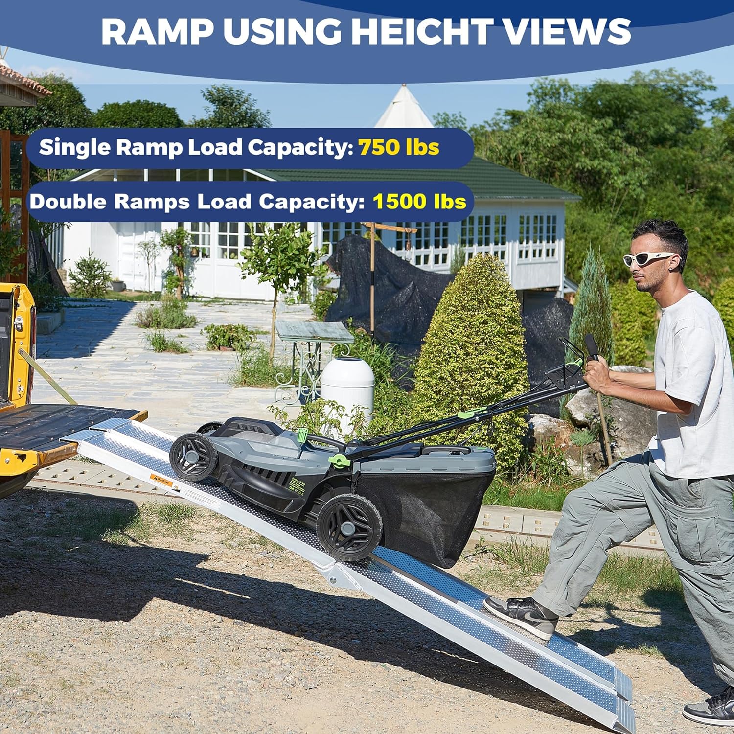 Aluminum Truck Ramps for ATV, UTV, Lawn Mower, Pickup Trucks - 1500LB Capacity 7.5FT Heavy Duty Loading Ramps with Handle & Buckle, Silver, 2PCS