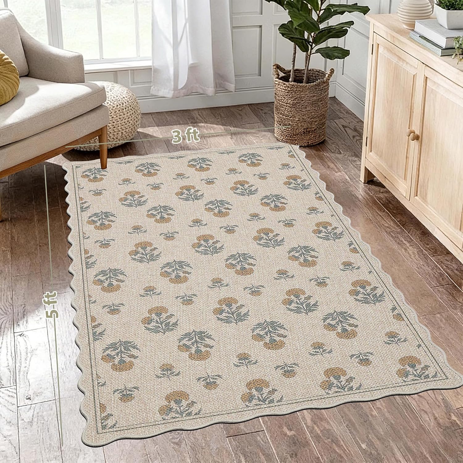 ORTIGIA Scalloped Easy Jute 3x5 Area Rug Vintage Yellow Floral Farmhouse Washable Rug Non-Slip Indoor Outdoor Carpet for Living Room Bedroom Kitchen Patio Entryway