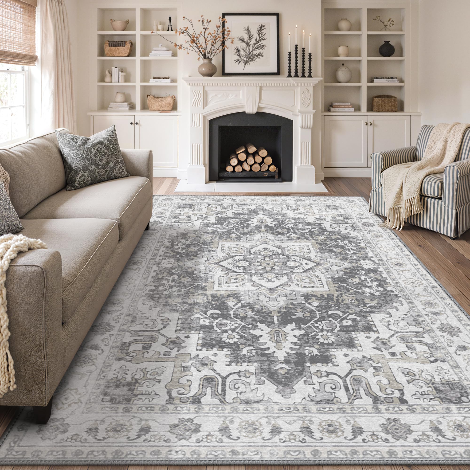 GENIMO Washable Rug 150x210cm,Grey Large Non-Slip Living Room Rug,Durable Easy Clean No Pile Carpet for Dining Room, Bedroom, Home Office — image 1