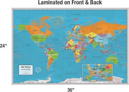 Miniatura 2 de Póster de mapa académico del mundo laminado | Versión educativa de la escuela primaria | Etiquetas grandes fáciles de leer | 36 pulgadas x 24