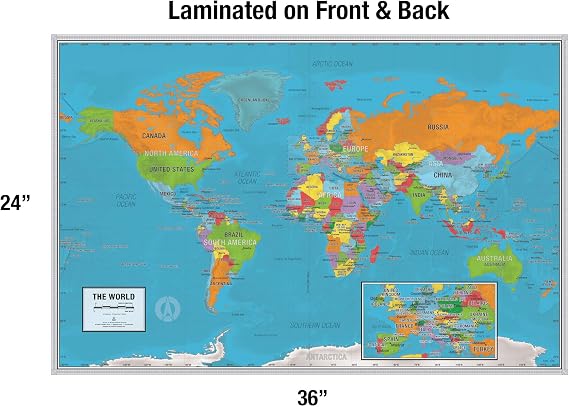 Laminated World Scholar Map Poster | Educational Elementary School Version | Easy-to-Read Large Labels | 36 x 24 | Shipped in a Tube, Not Folded | Great for The Home or Classroom