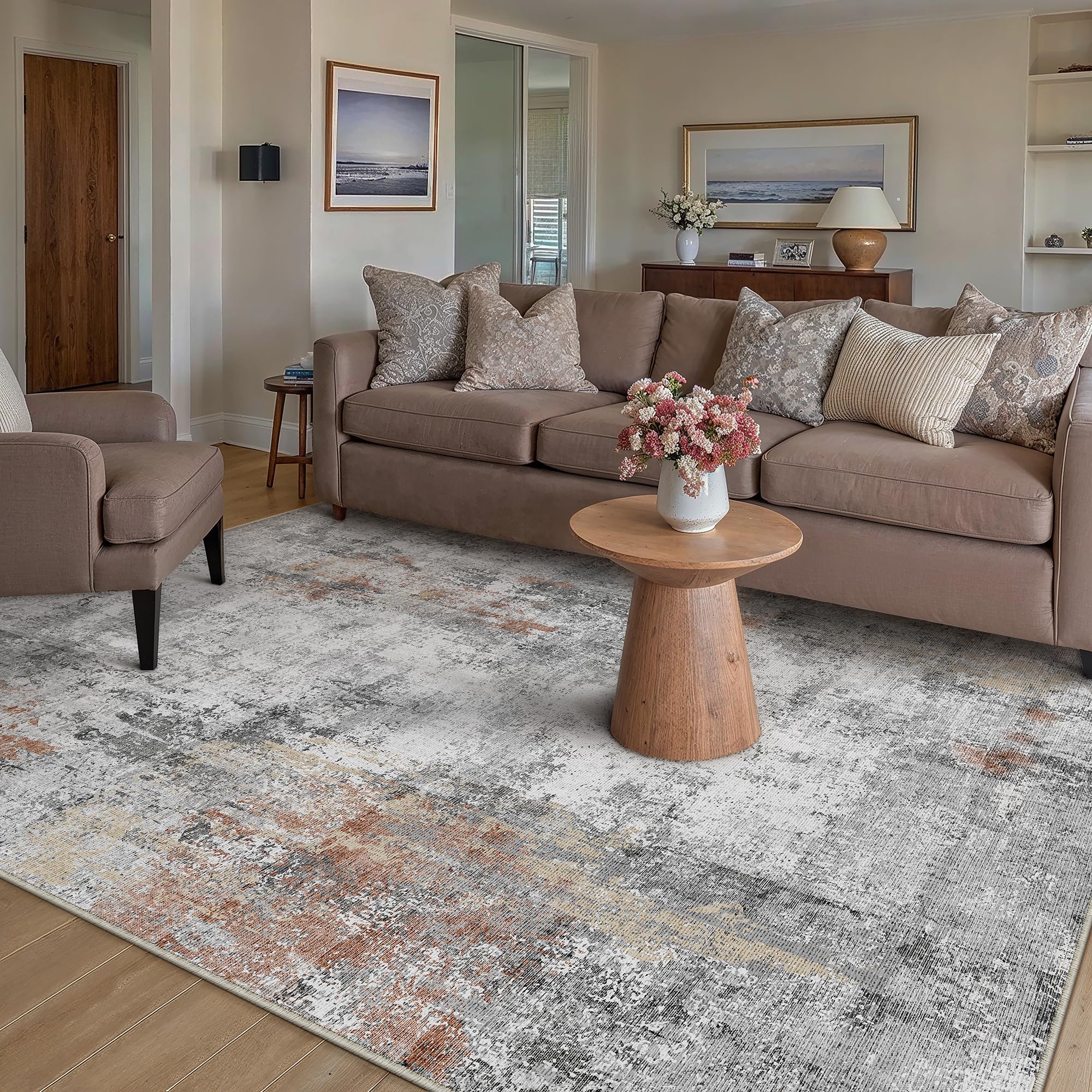 WondRg 5x7 Washable Area Rug Rust Grey Abstract Non Slip Soft Low Pile Rug for Living Room Bedroom Dining Room Office Neutral Modern Indoor Throw