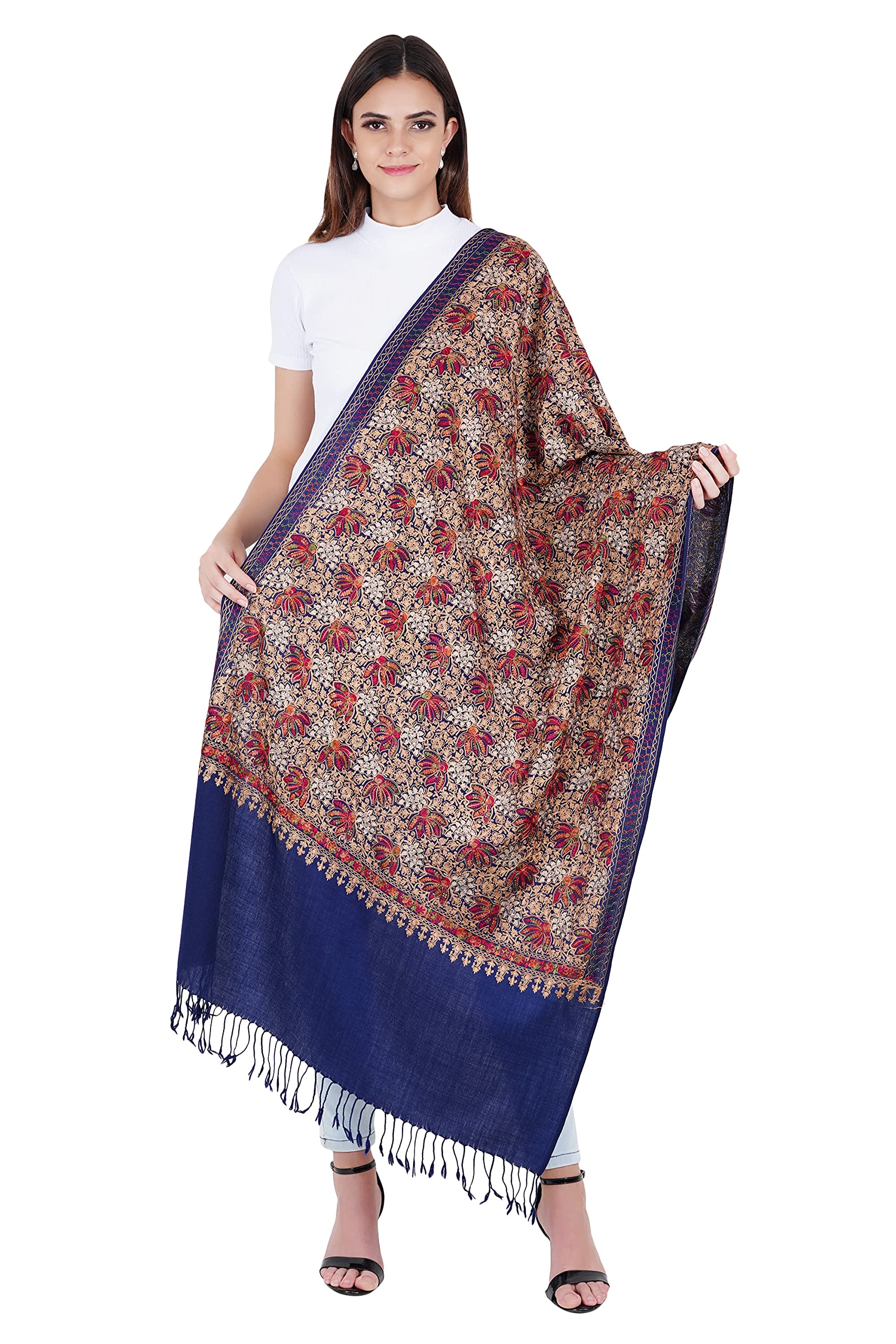 Silky Pashmina Fine Wool Nalki Border Embroidered Needle Work Stole, Wrap (28 INCH * 80 INCH)-image-13