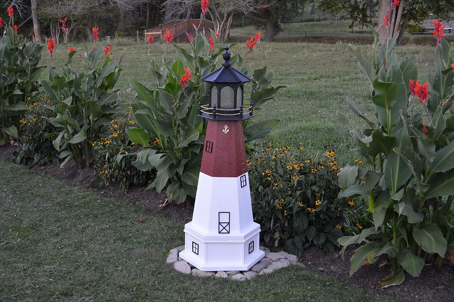 Amish-Made Barnegat, NJ Replica Outdoor Lighthouse with Base and Solar LED Light, 113" Tall