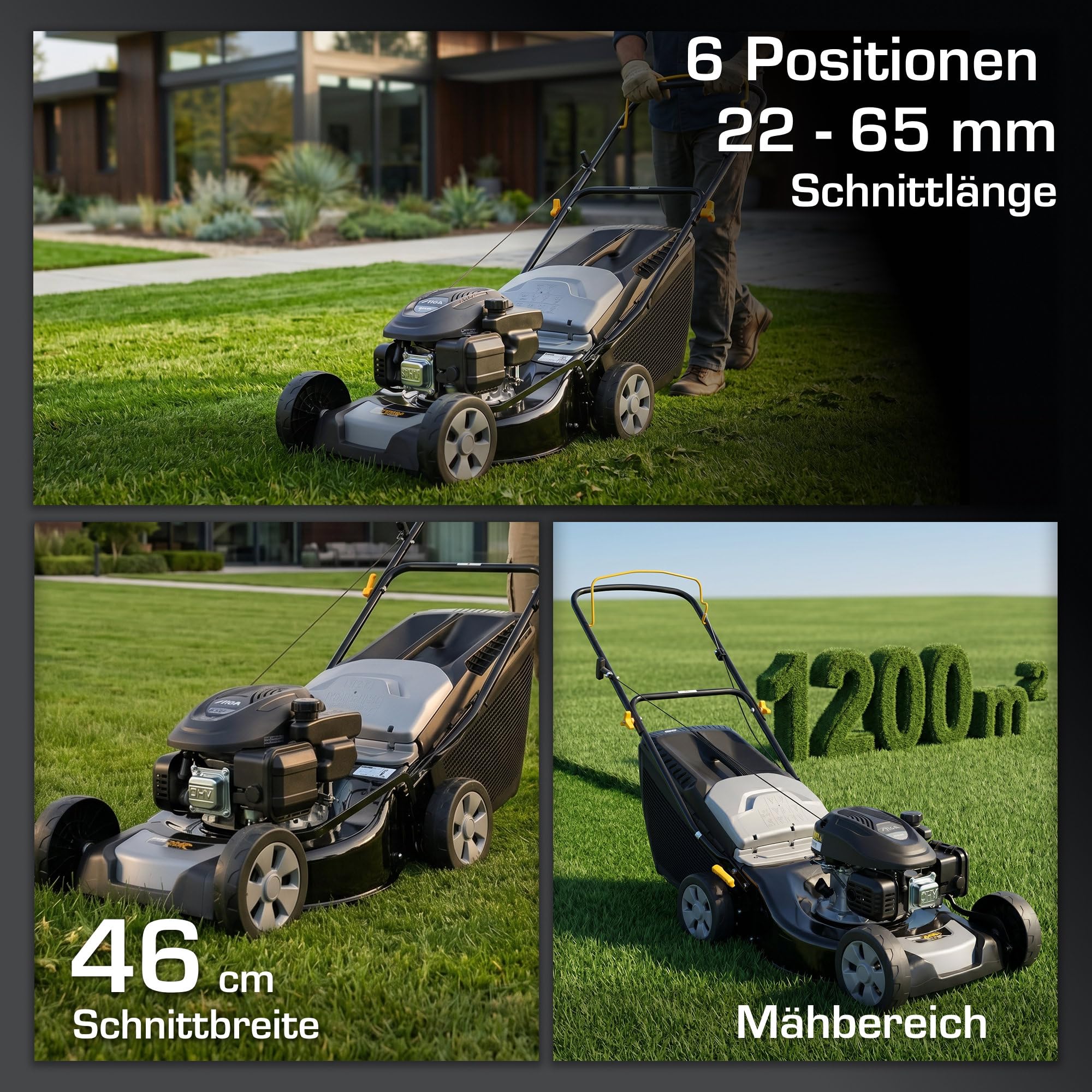 Alpina AL4 46 A Benzin-Rasenmäher, 125 cm³, 46 cm – Fangkorb 60 l, Zentrale Schnitthöhenverstellung (6 Stufen) – Rasenflächen bis 1.200 m²