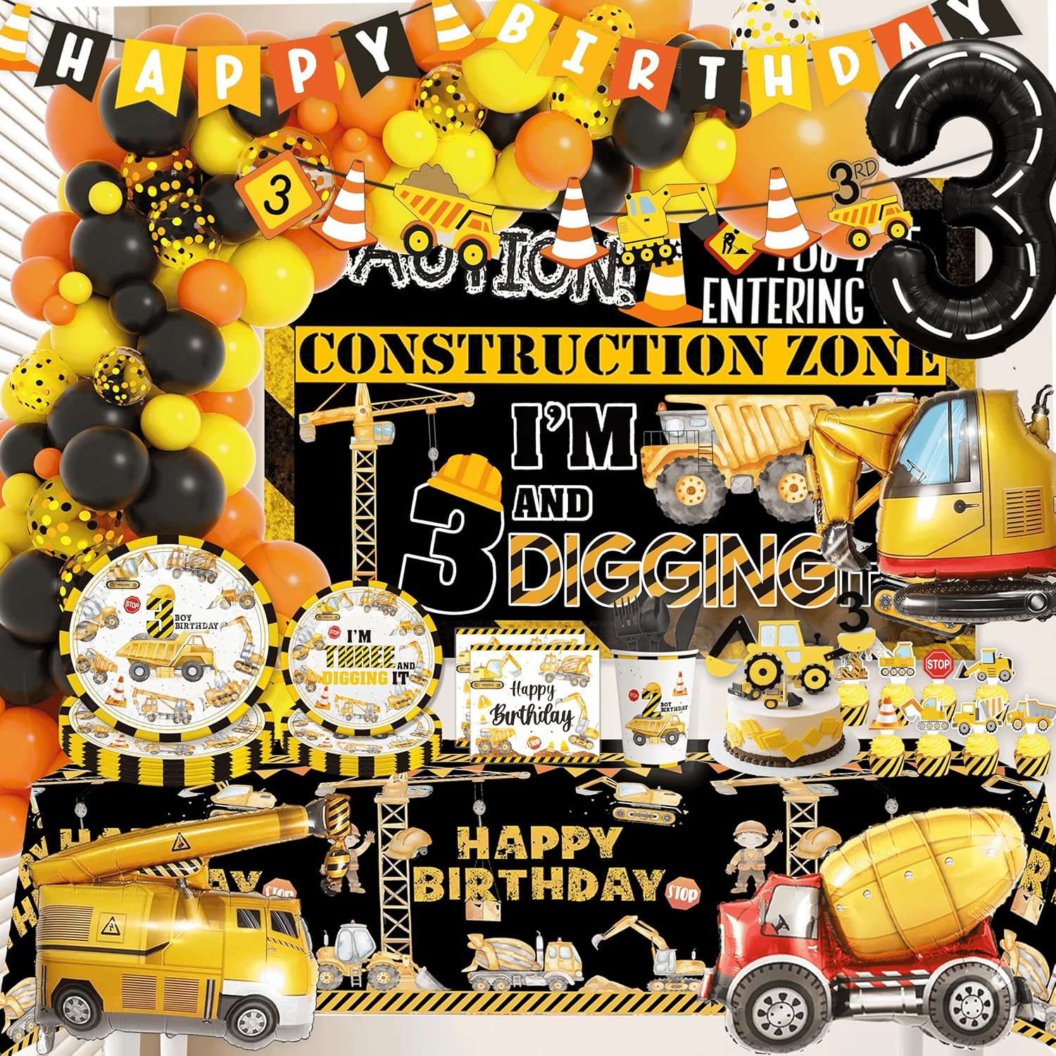 Construction 3rd Birthday Party Decorations Construction Truck 3rd Birthday Party Supplies 3 Year Old Boy Construction Truck 3rd Balloon Arch Backdrop Cake Topper Plates Napkins and Cups Table Cloth