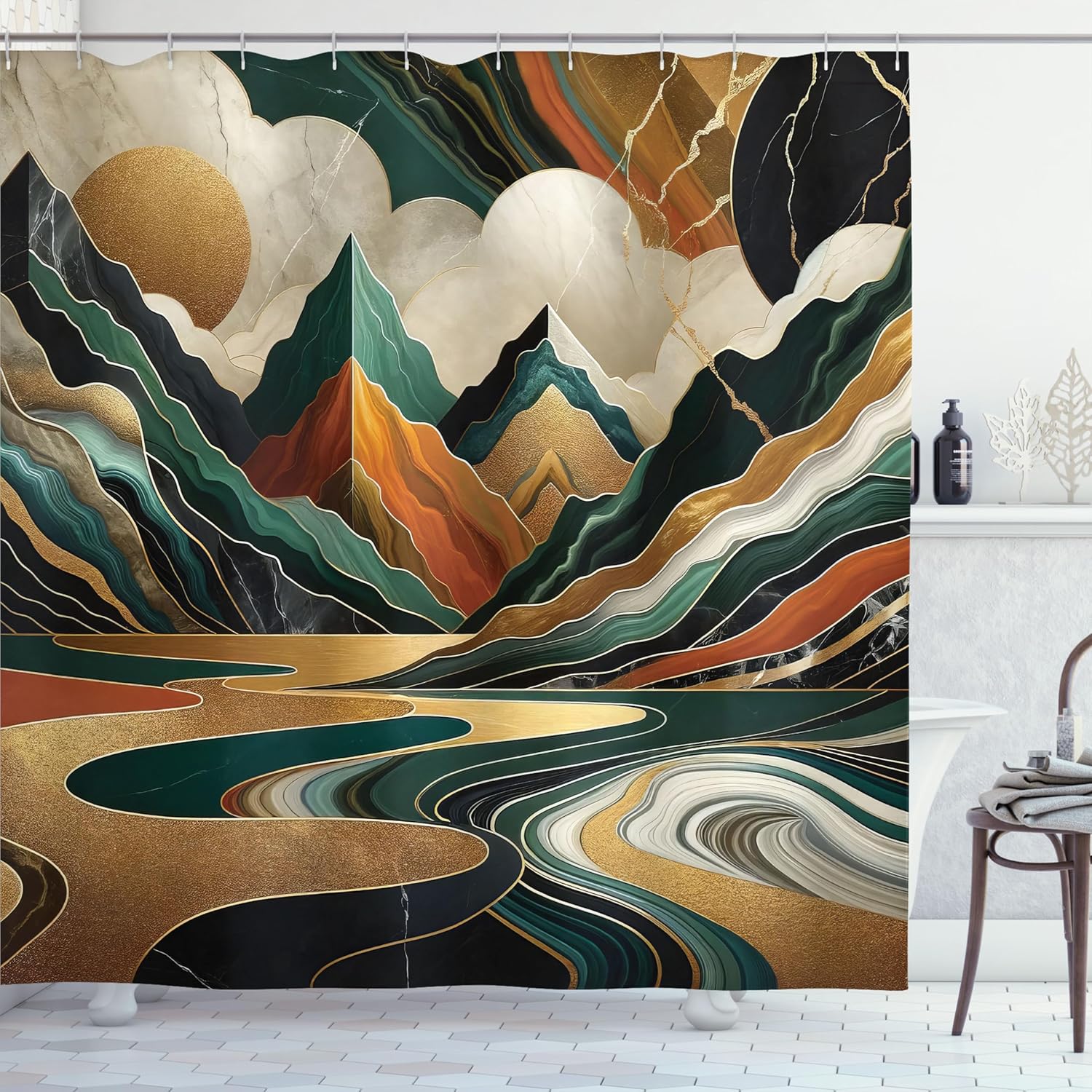 Ambesonne Mid Century Modern Shower Curtain, Groovy Bohemian Details Mountain Scene Cloudy Atmosphere, Cloth Fabric Bathroom Decor Set with Hooks, 69" W x 84" L, Teal Pale Vermilion Pearl