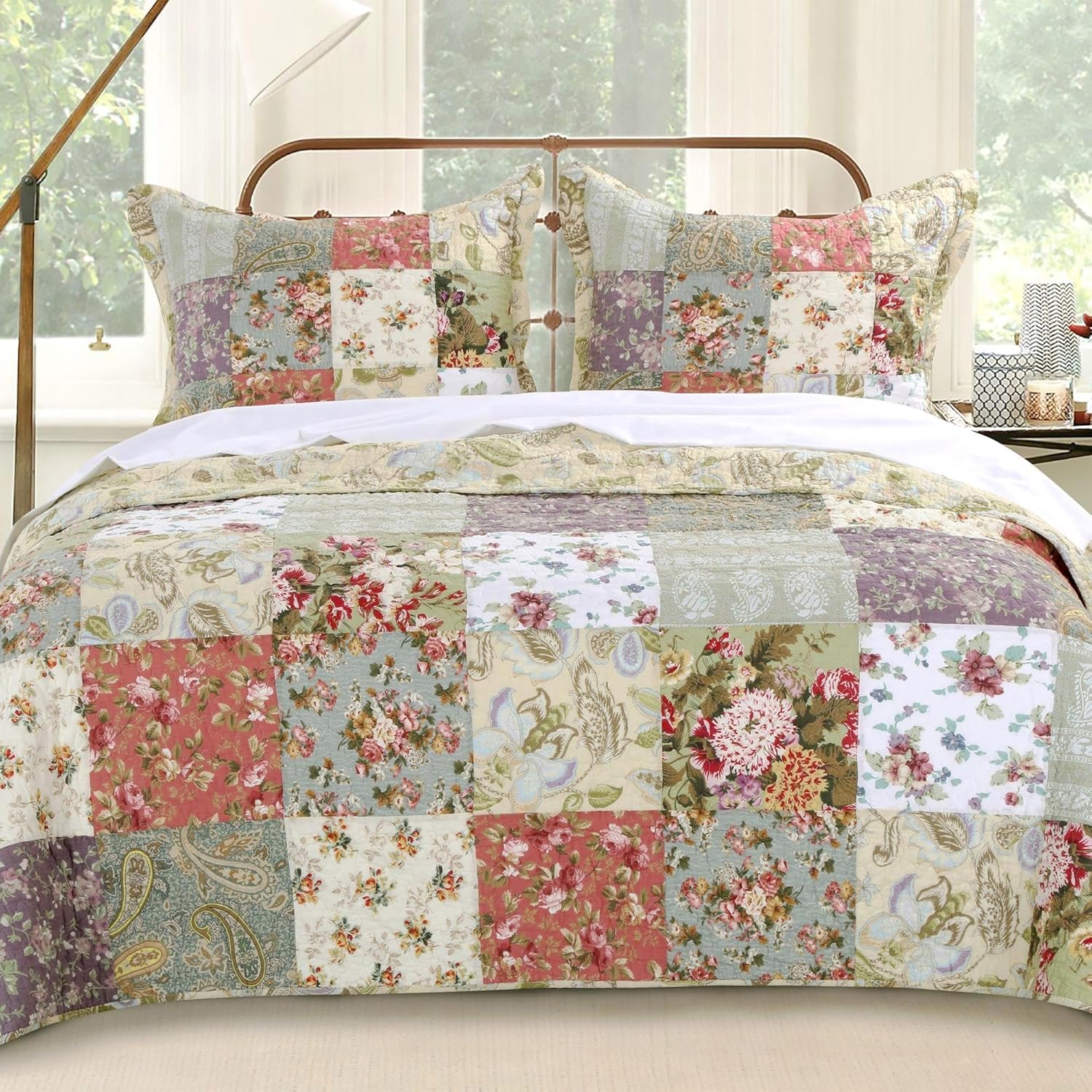 Finely Stitched Country Cottage Patchwork Quilted Bedspread Set Oversized King (to The Floor)