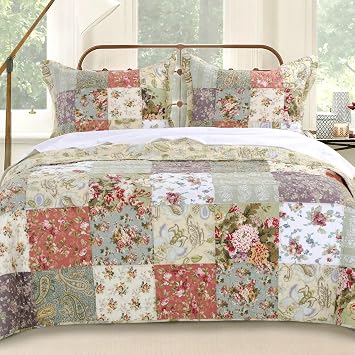 Finely Stitched Country Cottage Patchwork Quilted Bedspread Set Oversized King to The Floor