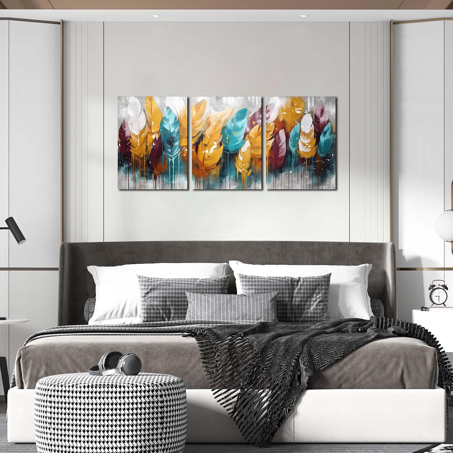 ENTANUB Feather Wall Art for Living Room, Yellow Green Red Wall-Decor for Bedroom, Modern Canvas Print, Size 12x16 Inches 3-Piece