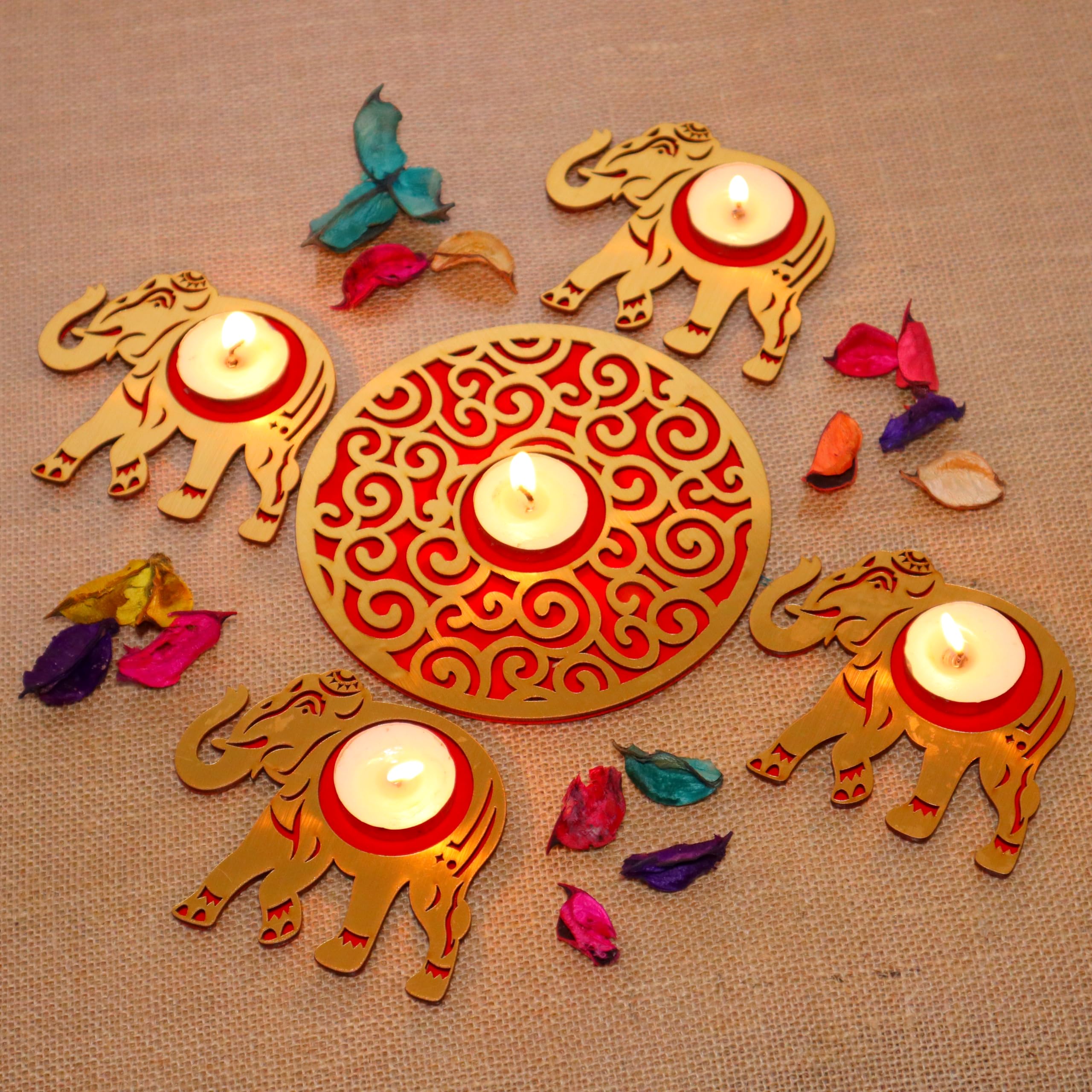 Saudeep India MDF Wood Readymade Elephant Rangoli Set with Tealights | Tea Light Candle for Diwali | Diwali Decoration Items for Home Decor Best Festive Diwali Corporate Gift Item