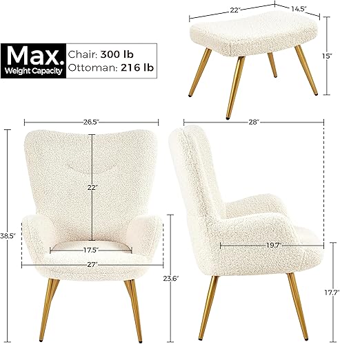 Miniatura 3 de Yaheetech Juego de silla decorativa y otomana, sillón Sherpa con patas de metal dorado y respaldo alto, reposapiés para sala de estar, salón,