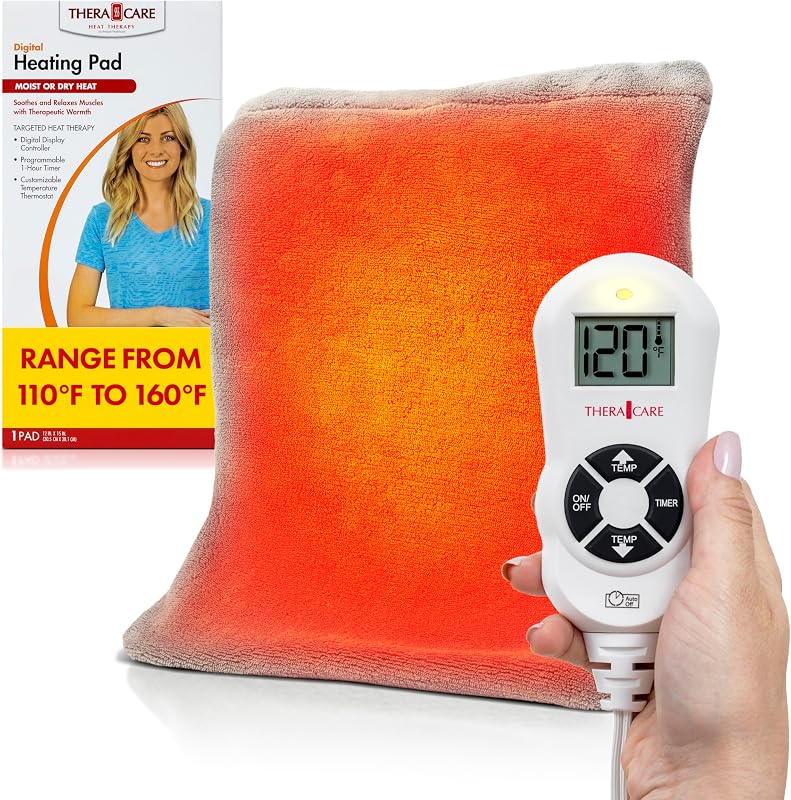 TheraCare Digital Heating Pad with LCD Controller, 12" x 15" | Moist & Dry Heat Therapy for Sore Muscles, 110°F–160°F Range, Programmable 30/60-Min Shut-Off, Washable Cover