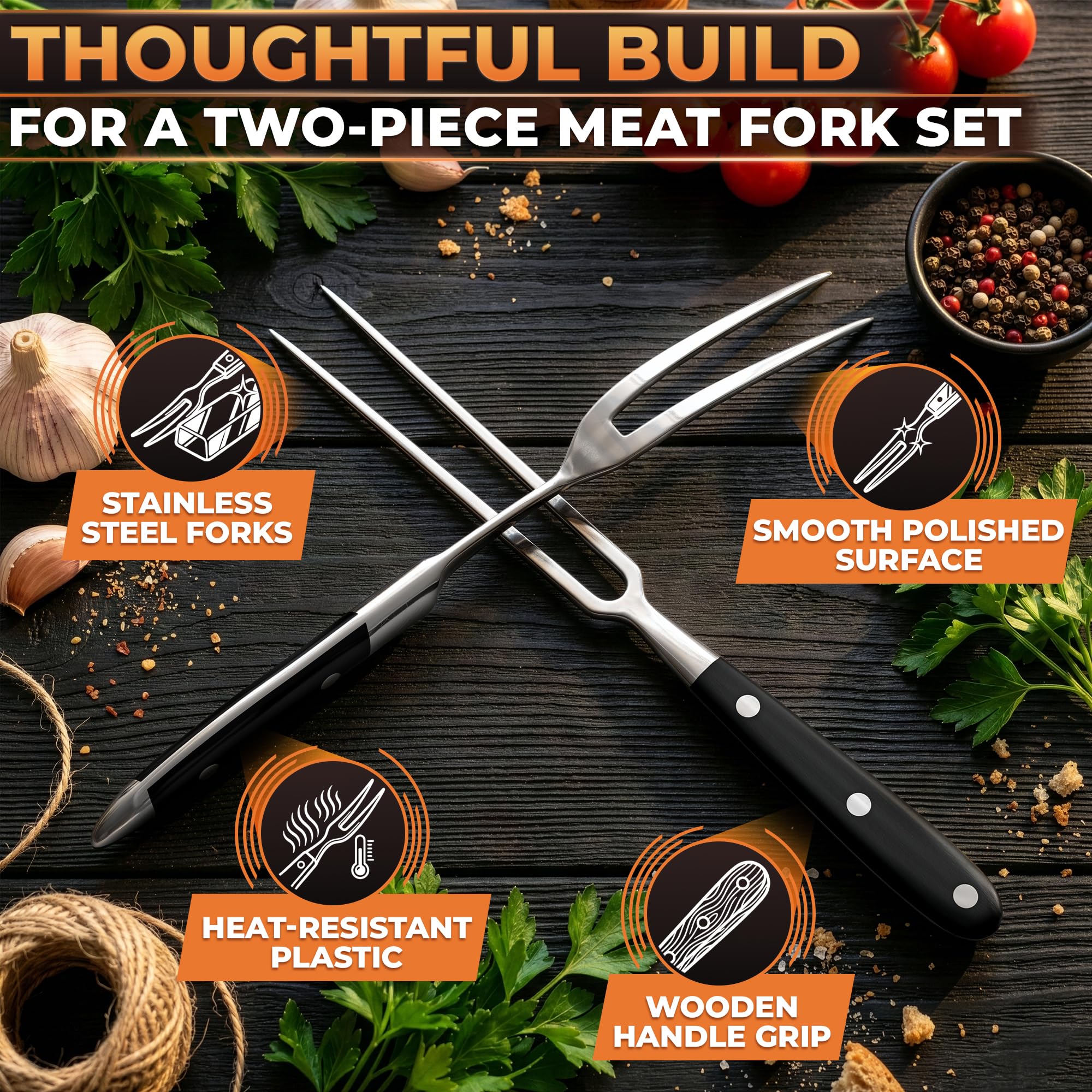 2 tenedores para trinchar carne, tenedor de carne de acero inoxidable con mango resistente al calor para asar, cocinar, servir, utensilios de tallado rectos y curvados fáciles de limpiar con diseño