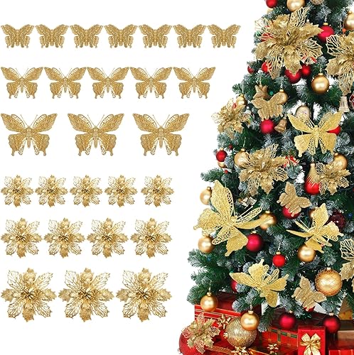 Unittype 48 piezas de decoraciones de Navidad, flores de Pascua artificiales con purpurina para árbol de Navidad, decoraciones de mariposa, adornos