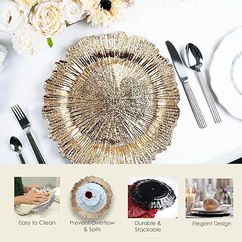 Miniatura 3 de Evershine Juego de 6 platos de plástico redondos dorados de 13 pulgadas, cargador de arrecife floral para platos de comedor, mesa y decoración de