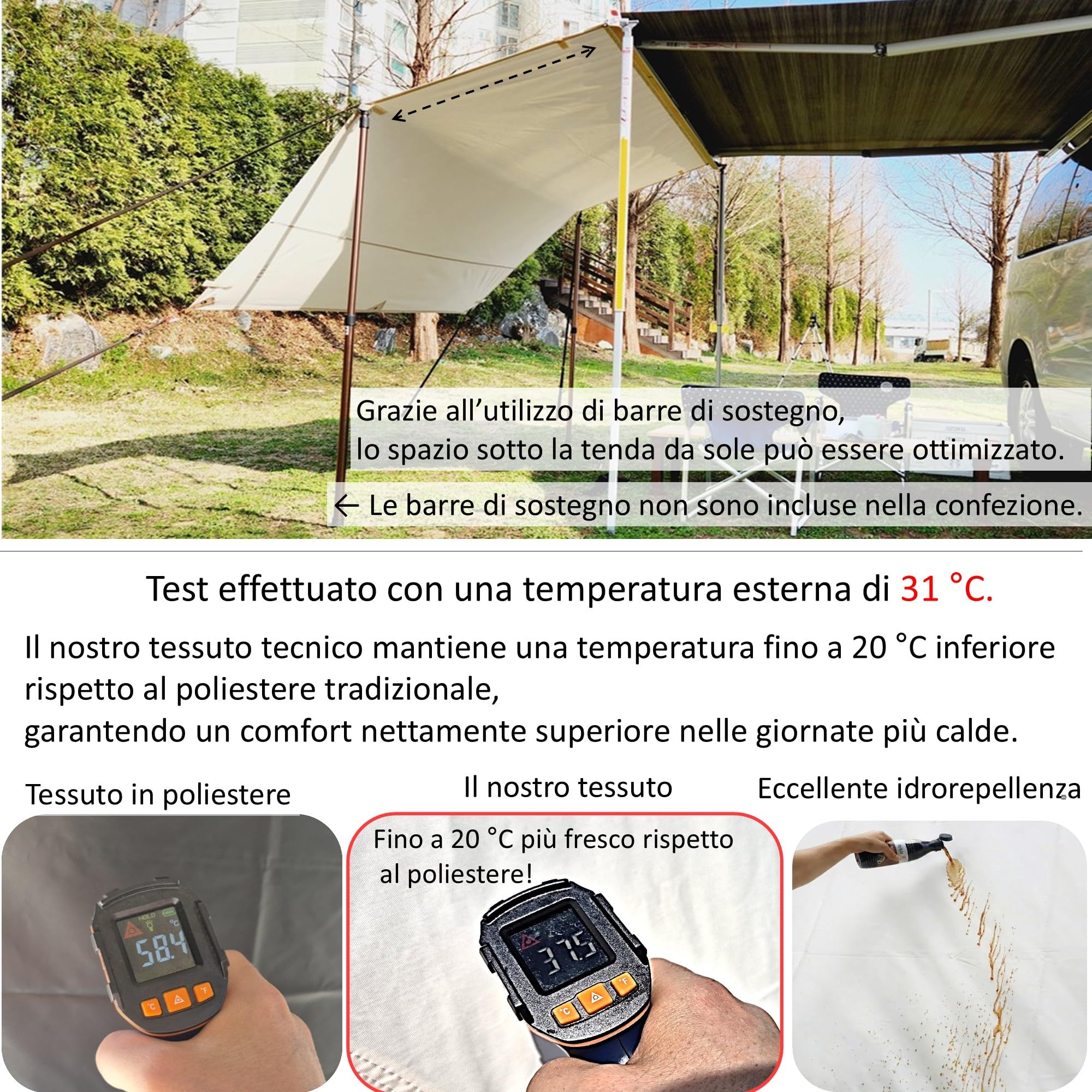 Fiamma F45 AIRIS Parete Anteriore Tenda da Sole Camper 390x190 cm Tessuto Misto Cotone Avorio Impermeabile Protezione UV