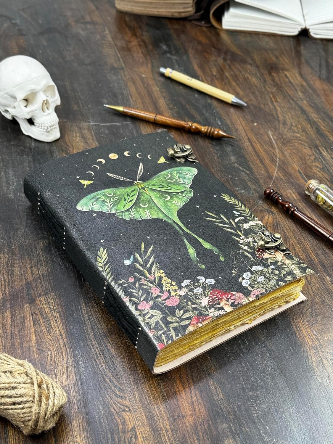 Blank Spell Book of Shadows Journal with Lock Clasp Vintage Handmade Leather Luna Moths and Morpho Butterfly Print Diary Prayer Pagan Witchcraft Supplies Wiccan Decor Notebook Daily (13x10 Inch)
