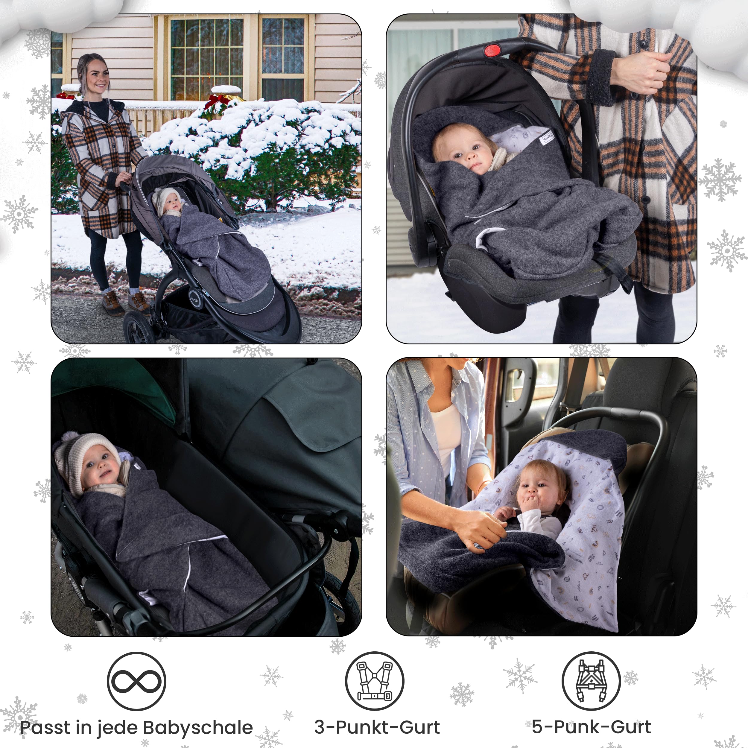WOLLWALK Einschlagdecke Babyschale - Baby Fußsack - Maxi-Cosi Decke - Einschlagdecken für Kinderwagen - Neugeborene bis 11 Monaten aus 100% Wolle (Sterne)