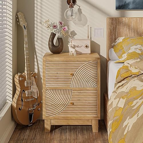 Miniatura 7 de Mesita de noche de granja de 2 cajones, mesita de noche de mediados de siglo totalmente montada con patrón de anillo de madera hecho a mano para