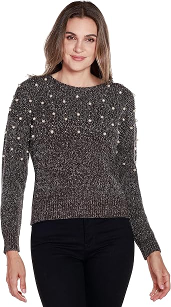 Belldini Ladies Metallic Sweater Pearl Bead Sweater Pullover Sweater for Women