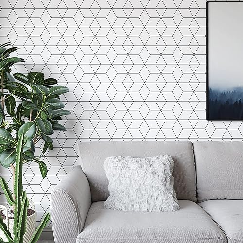 Miniatura 7 de ReWallpaper Rollo de papel tapiz autoadhesivo de 17.7 x 276 pulgadas, diseño geométrico para despegar y pegar, papel de contacto estampado en blanco