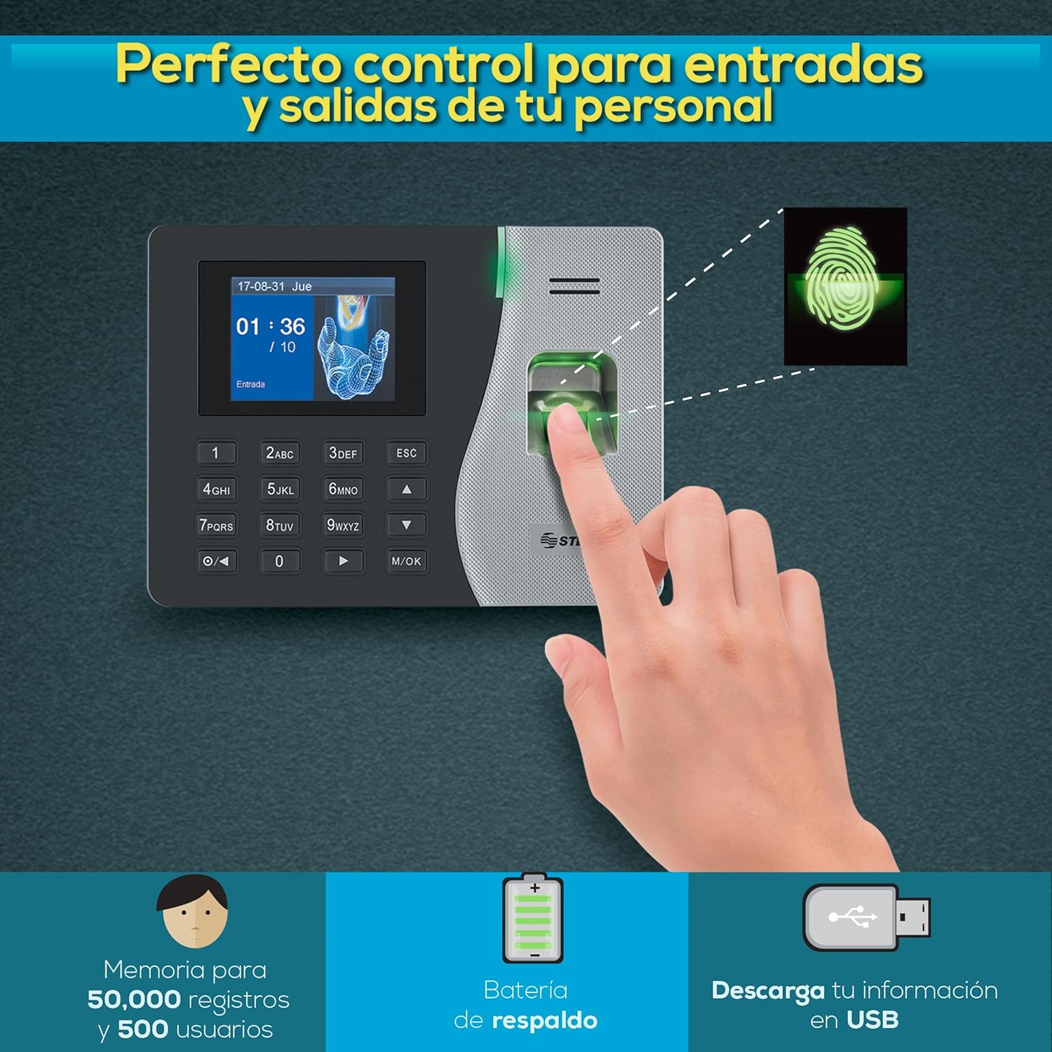 Infographic showing the Steren CLK-950 time clock with features like fingerprint scanning, 50,000 record memory, backup battery, and USB data download