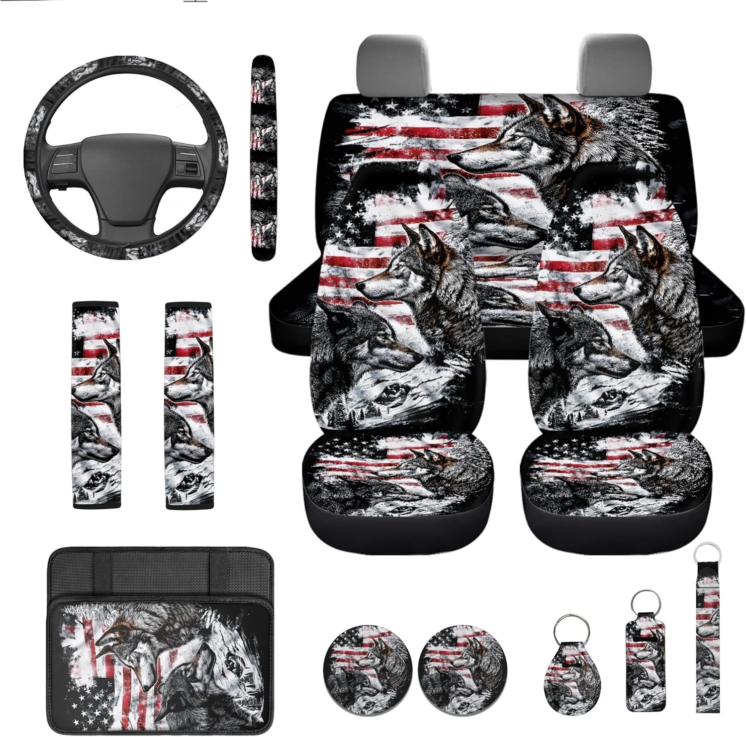 Deer 13pcs Set Car Seat Cover Set with American Flag Steering Wheel Cover Seat Belt Strap Cover Armrest Cover Key Chain Coasters Lipstick Holder Universal Fits SUV Sedan Truck Van