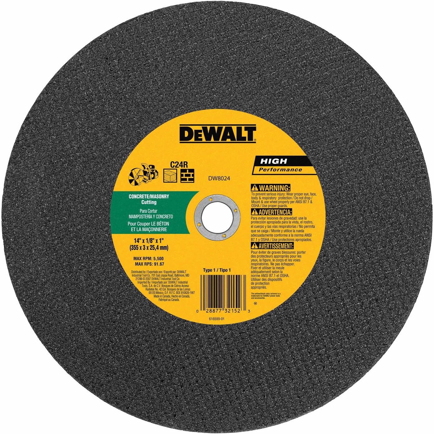 DeWalt DW8024 14" x 1/8" x 1" Concrete/Masonry High Speed Cut-Off Wheel