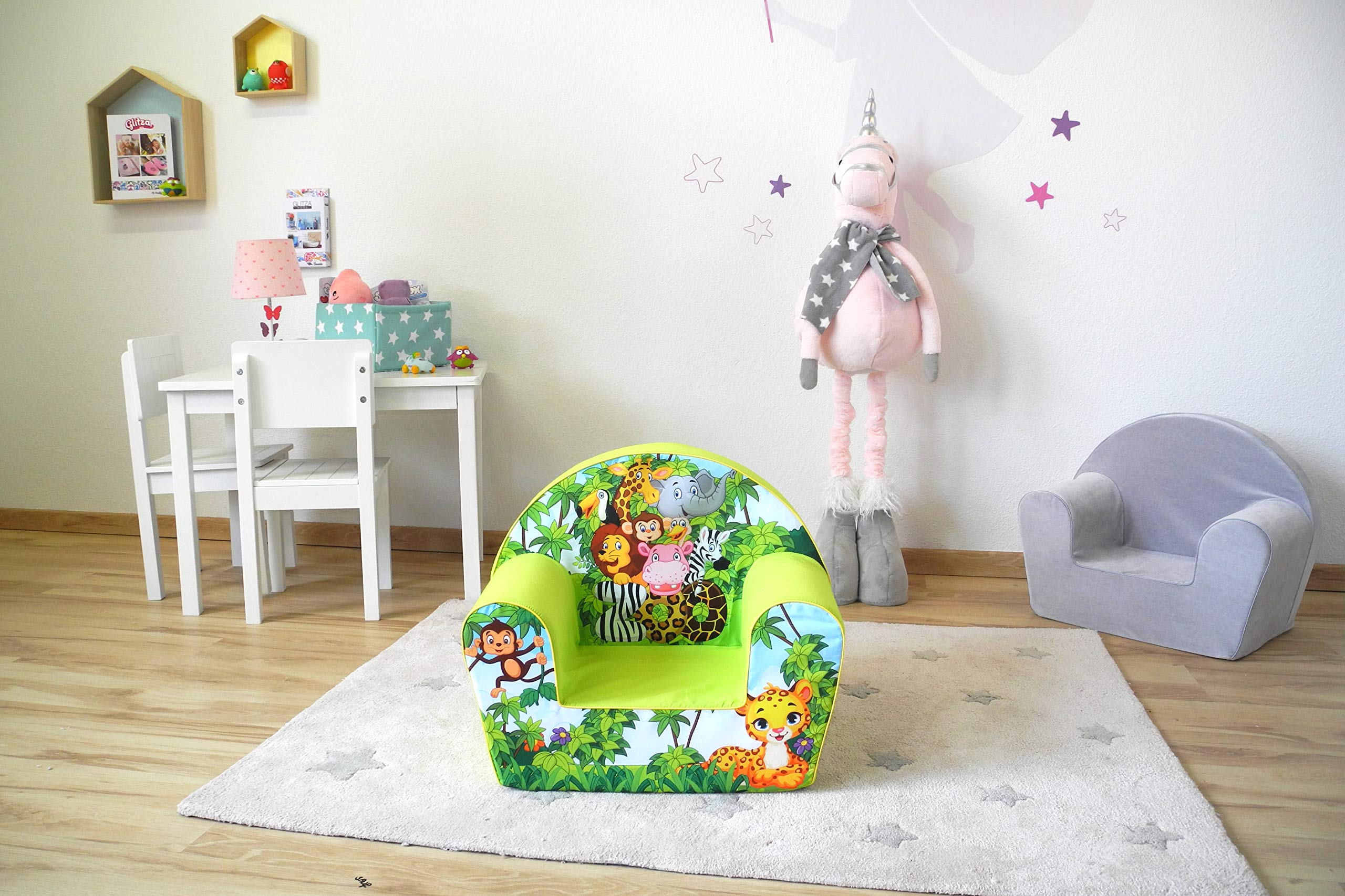 Knorrtoys Kindersessel mit weicher Schaumstofffüllung Jungle Design 51 x 34 x 42 cm - Kinderzimmer Sessel mit Armlehnen für Kinder bis 30 kg - Leicht und stabil für Spielzimmer