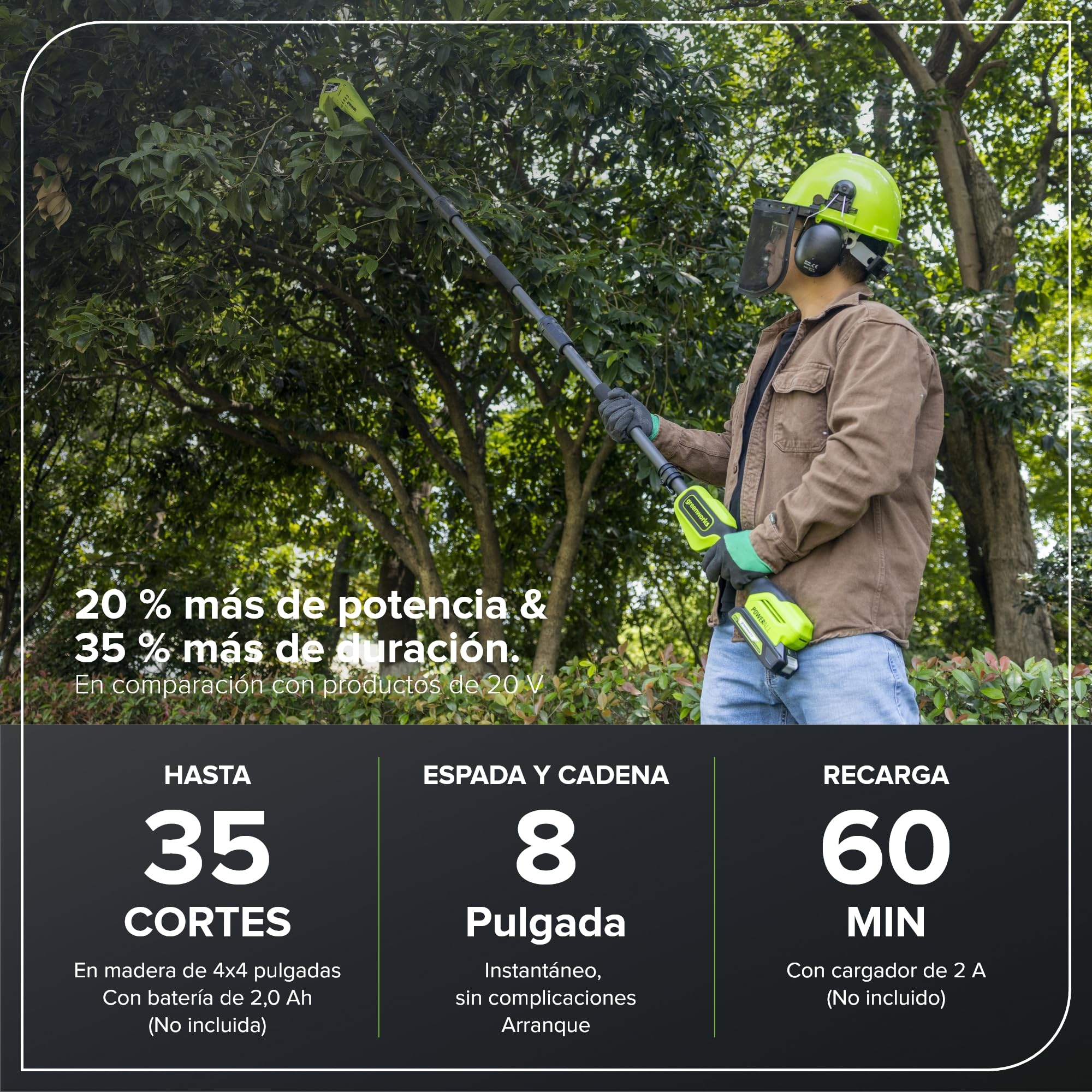 Greenworks Sierra de Pértiga Inalámbrica de 24V, Podadora de Pértiga de 2,68 m, Motosierra Eléctrica de 20 cm con Engrasador Automático, Velocidad de Cadena de 6,7 m/s (Solo Herramienta)