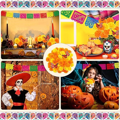 Miniatura 6 de Kigley Juego de 121 piezas de decoración del Día de los Muertos, flores de caléndula artificiales, kit de decoración de mariposa monarca para fiesta