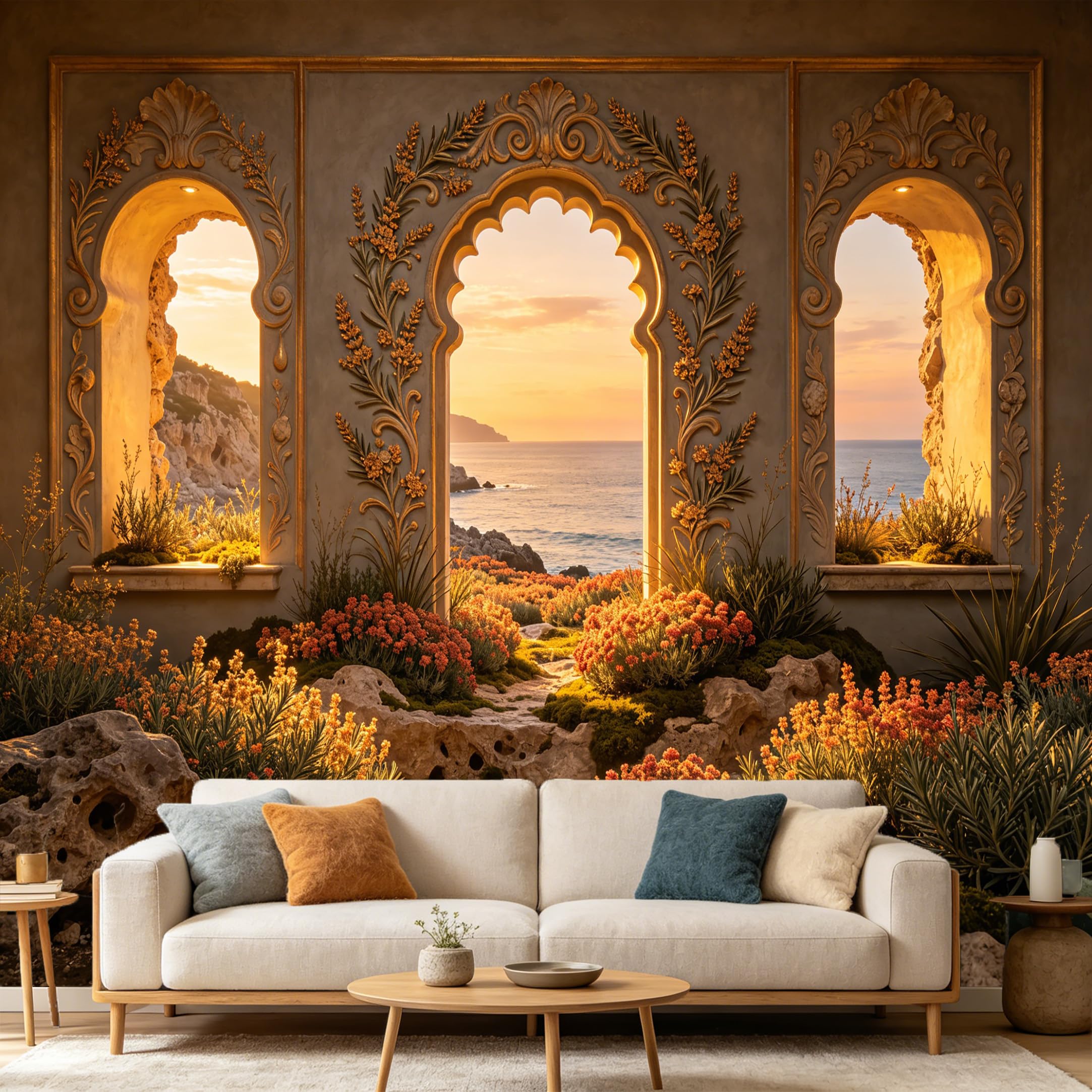 Custom Size Wall Mural， 3D Trompe L'Oeil Mediterranean Coastal Archway Sunset Ocean Landscape， SelfAdhesive Art Prints wall Fabric Removable Large Wallpaper Home Living Room Decor
