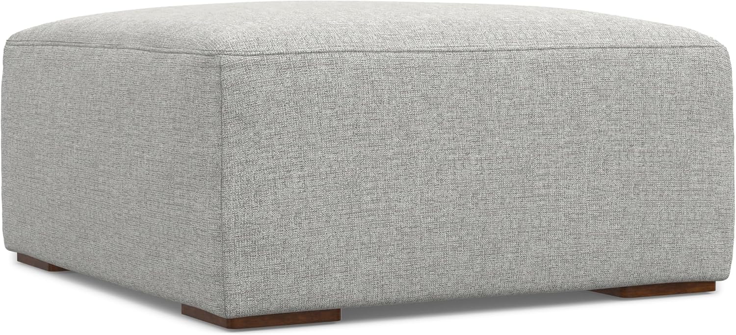 SIMPLIHOME Rex Ottoman - 34 inch Wide Upholstered Performance Fabric Square Ottoman in Pale Grey, Modern Bench for Living Room or Bedroom with High-Density Cushion, Assembled
