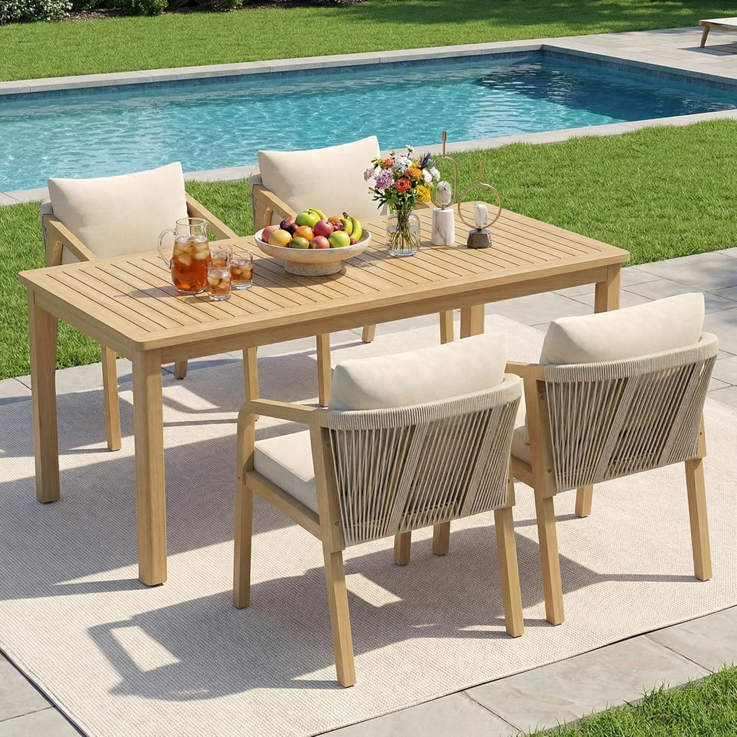 Wisteria Lane 5 Pieces Acacia Patio Dining Set for 4, Patio Dining Table and Chairs Set with Cushion, Modern Outdoor Dining Furniture Set for Lawn Backyard Garden Deck, Beige