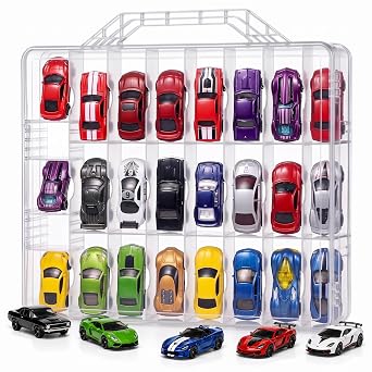 Bins & Things Hot Wheels Display Case and Toy Car Storage Organizer, Double sided 48 - Multi Compartment Plastic Car Toy Organizer Compatible with Lego, LOL Surprise Matchbox cars storage case - Blue