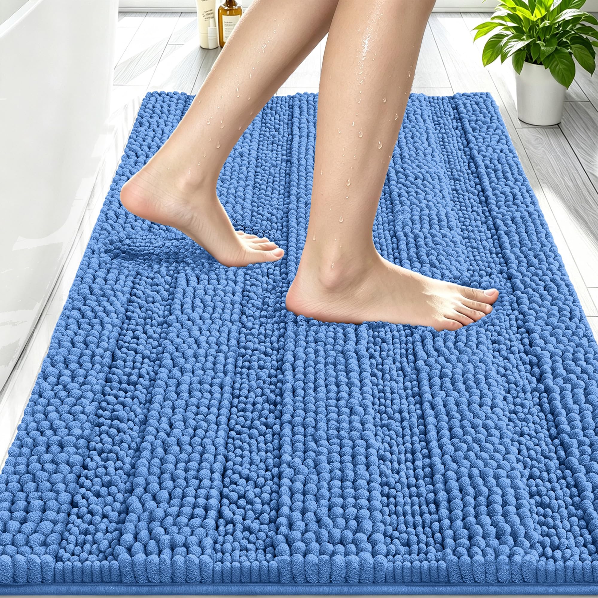 Smiry Thick Chenille Bathroom Rugs 30x20, Soft Bath Mat, Cornflower Blue